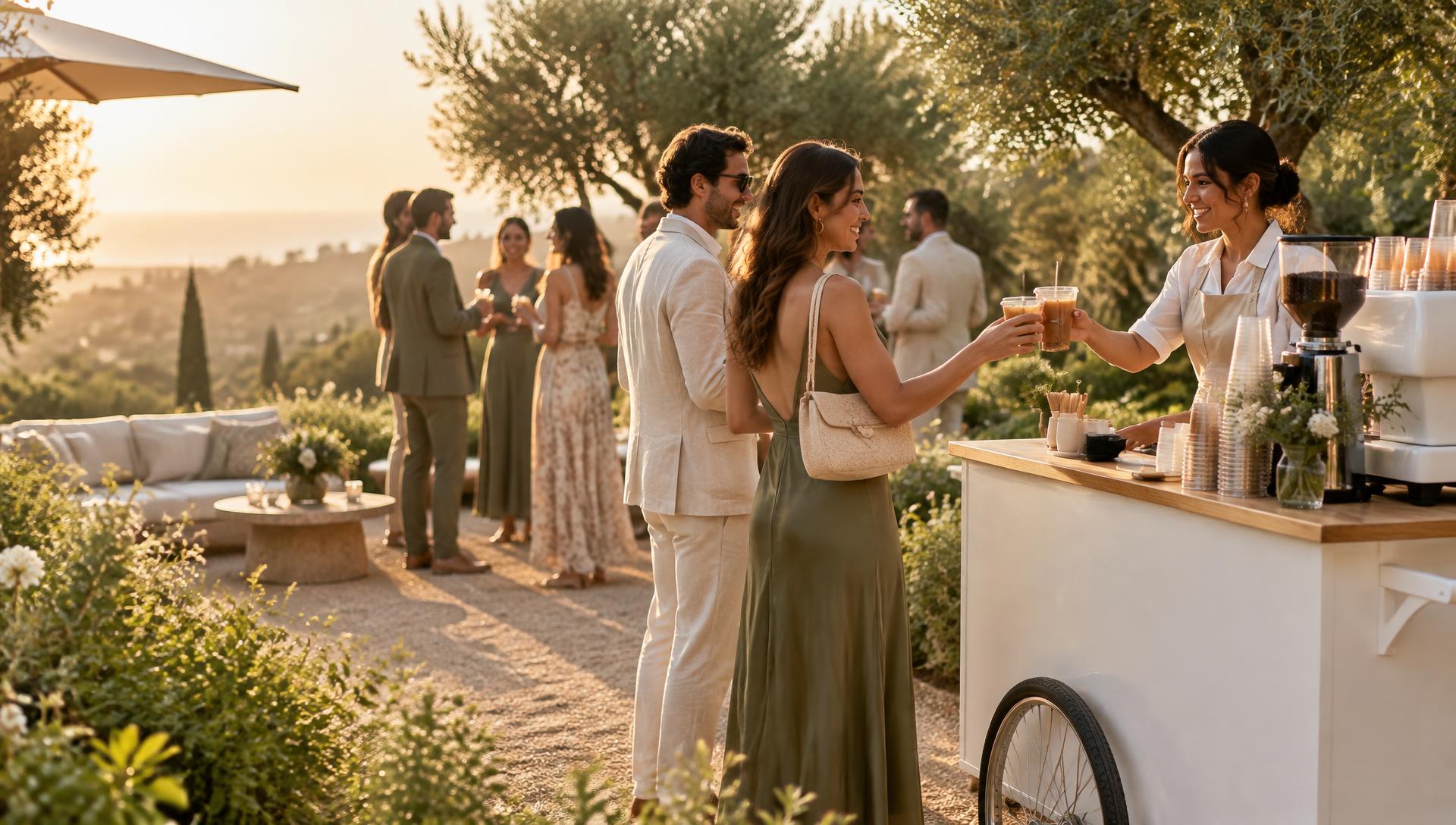 Guests gathering around the Beitna coffee cart at a golden-hour celebration